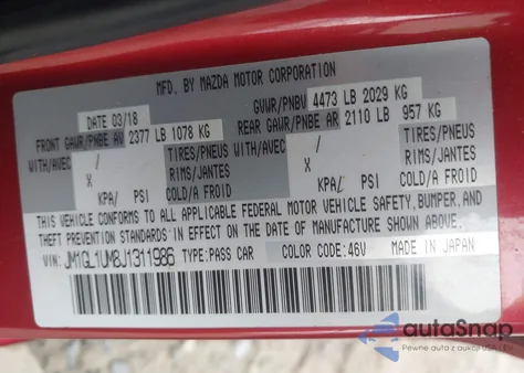 2018 Mazda Mazda6 Sport from USA, damaged, VIN JM1GL1UM8J1311986